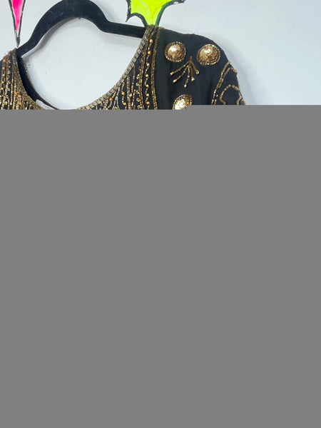 Vintage Black and Gold 80s Silk Beaded Top Glam Party Disco Sequins L/XL