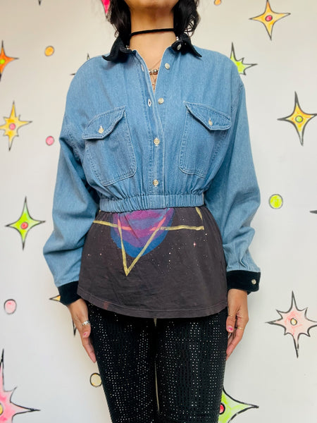 90s Grunge Denim Crop Top | Velvet Collar & Cuffs | Long Sleeve Button-Up (S)
