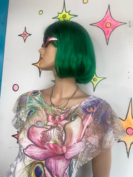Y2K Pastel Tattoo Peacock Floral Dress Lace Flutter Sleeve Fairycore Mini - S