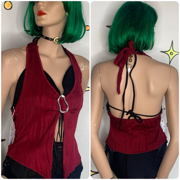Red Halter Top Metal Hardware Pleated Rave Party Grunge Glam Y2K S
