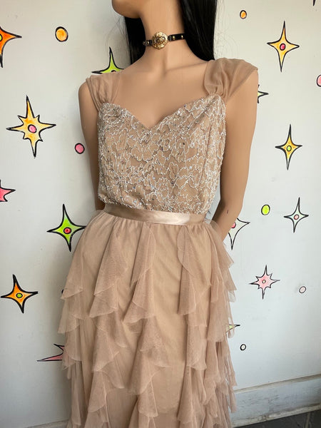 Y2K Lace Rhinestone Formal Dress Chiffon Tiered Ruffle Maxi Fairy Grunge Prom M