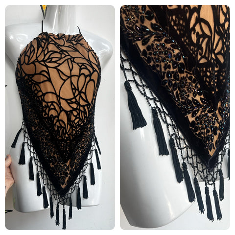 Vintage Y2K | Fairy Grunge Beaded Fringe Velvet Burnout Halter Top | One Size