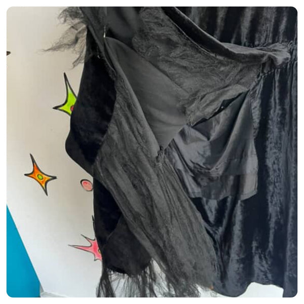 Antique Black Velvet Drop Waist Dress Witchy Gothic Asymmetrical Hem 1920s L