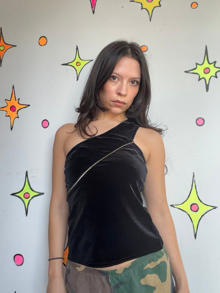 Vintage 90s Black Velvet One Shoulder Top | Goth Grunge Asymmetrical Party Top S