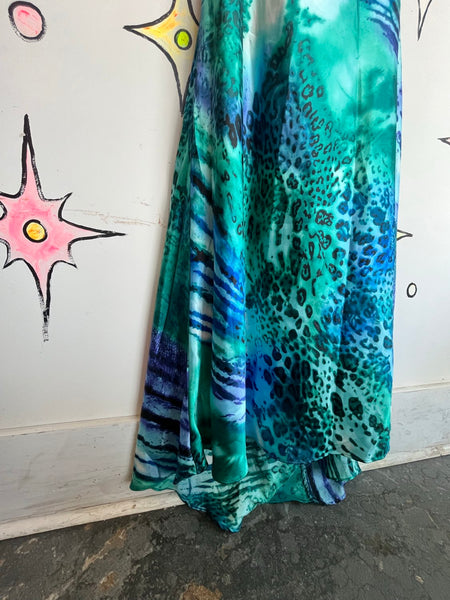 Y2K Betsy and Adam Teal Animal Print Formal Gown Prom Dress Size M/10