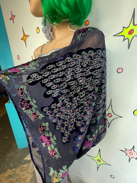 Burnout Velvet Peacock Beaded Shawl Cape Witchy Flapper Whimsy Goth Glam
