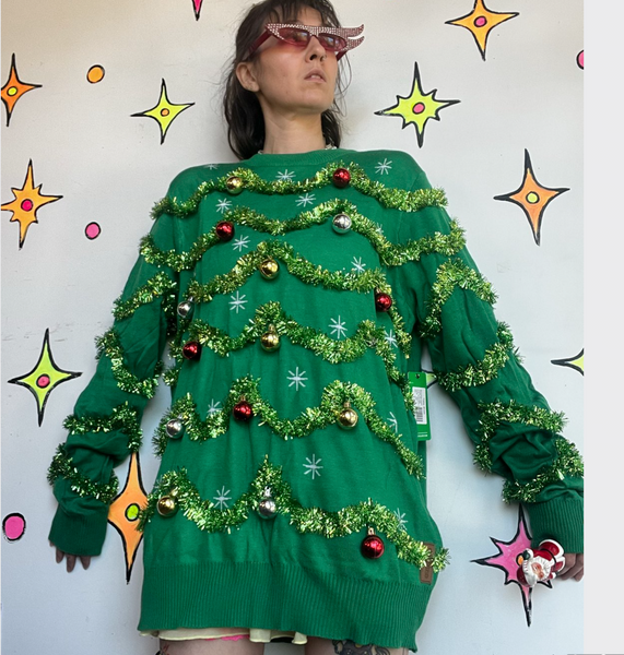 Tipsy Elves Christmas Sweater Ugly Tacky Holiday Ornament Tinsel XXL