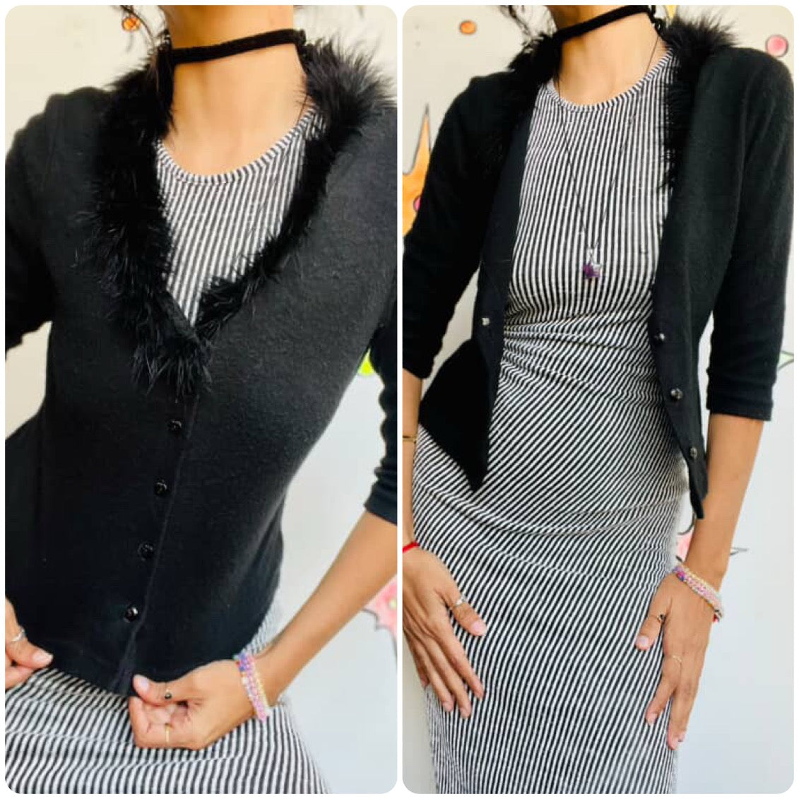 Vintage 90s Black Fuzzy Cardigan with Feather Trim Collar - Grunge Goth Glam - S