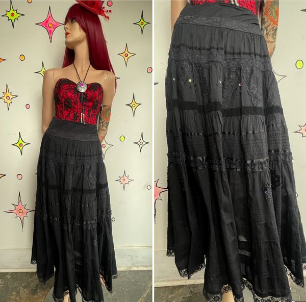 Lace & Beaded Black Cotton Maxi Skirt Whimsigoth Fairy Grunge Witchy Western M