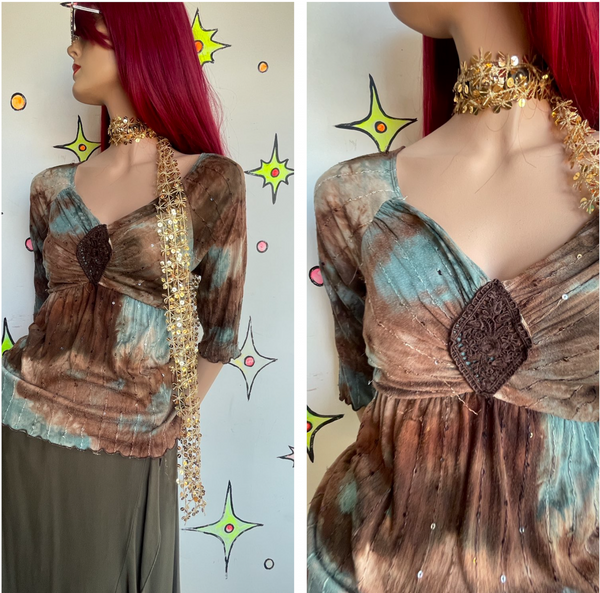 Y2K Blue & Brown Tie-Dye Crochet Embellished Top Fairy Grunge Boho Mori Kei L