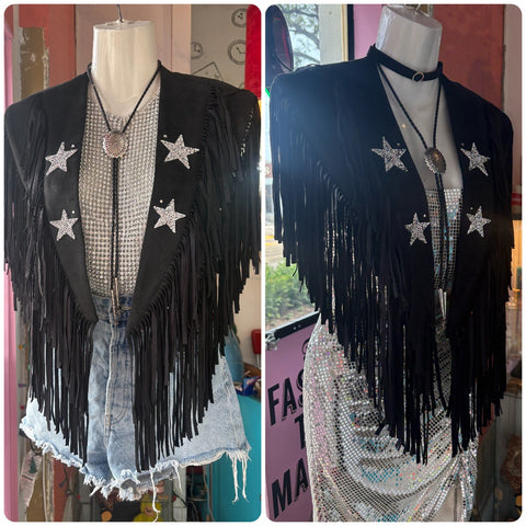 Retro Western Embellished Black Faux Suede Fringe Collar