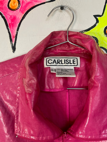Vintage Pink Glossy Vinyl Zip-Up Barbie Moto Jacket | 90s Plastic Coat | L