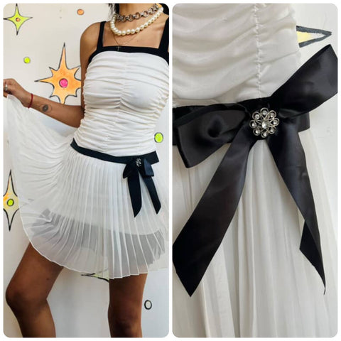 Y2K Ruched White & Black Bow Coquette Babydoll Mini Dress Flapper Fairycore XS-S