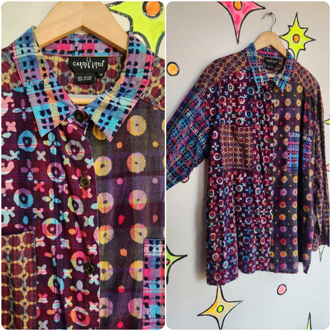 Vintage 90s | Carole Little BohoTribal Batik Rainbow Color Art Wear Shirt | 14