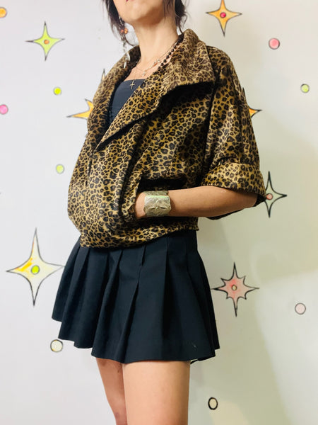 Vintage 90s Y2K Leopard Print Vegan Fur Cropped Coat Boho Grunge Western Glam S