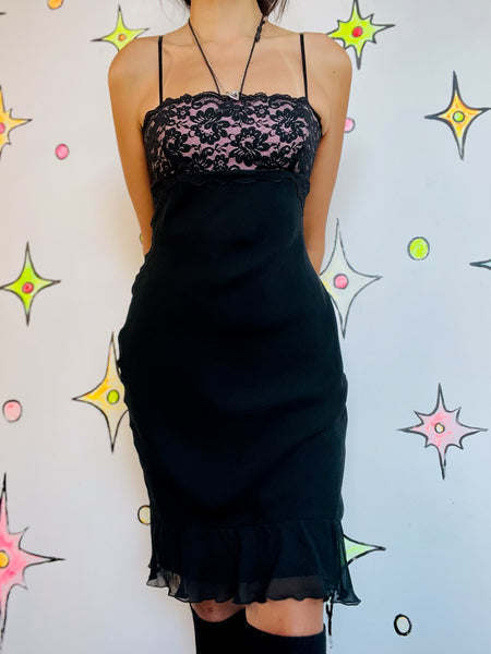 Vintage 90s Y2K Black Fairy Grunge Goth Babydoll Slip Dress w/ Pink & Lace – S