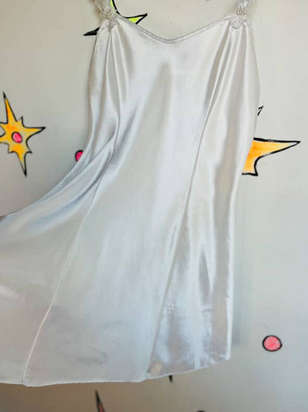 Vintage 90s Y2K White Satin Lace Fairy Grunge Beaded Mini Slip Dress | Size M