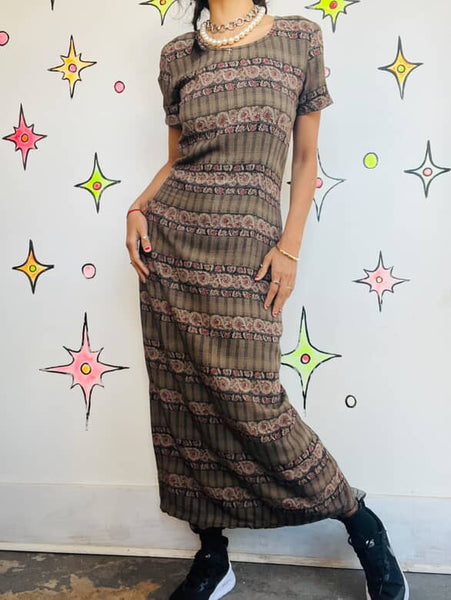 Vintage 90s Witchy Boho Fairy Grunge Maxi Dress | Plaid Floral Slit Dress Sz 8