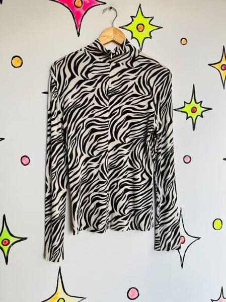 Vintage 80s 90s Zebra Striped Turtleneck | Glam Grunge Stretch Top | Size S