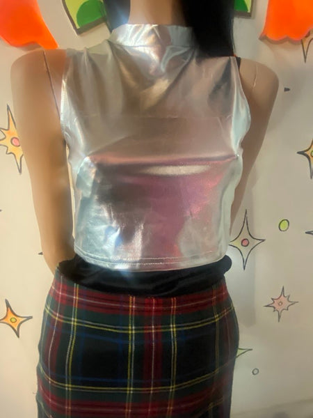 Silver Metallic Crop Top Cyber Grunge Galaxy Rave Tank Y2K Disco Future Glam L