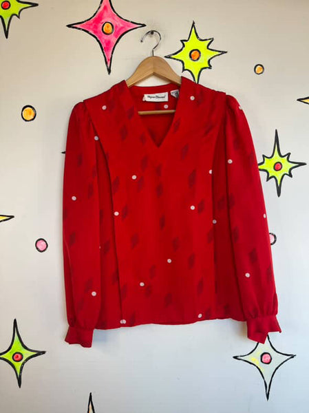 Vintage 80s Cherry Red Abstract Art Print Silky Secretary Blouse | Size 4