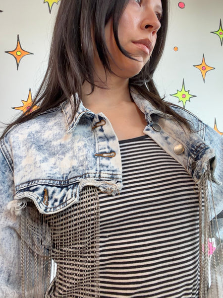 Acid Wash Cropped Denim Jacket | Y2K Bling Western Grunge Jean Jacket Small