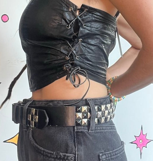 Y2K Black Vegan Leather Corset Top Goth Grunge Steampunk Lace Up Bustier M