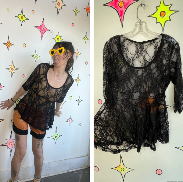 Y2K Black Lace Sheer Top | Whimsy Goth Y2K Babydoll Fairy Grunge Romantic S/M