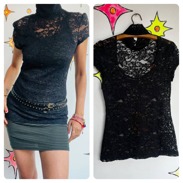 Vintage Y2K Black Sheer Lace Babydoll Top – Goth Coquette Fairy Grunge S