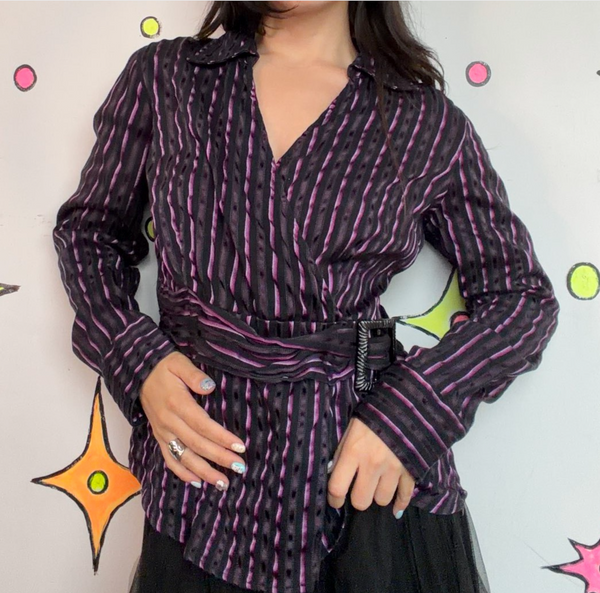 90s Black Purple Pinstripe Mock Wrap Top Y2K Fairy Grunge Mall Goth - Large