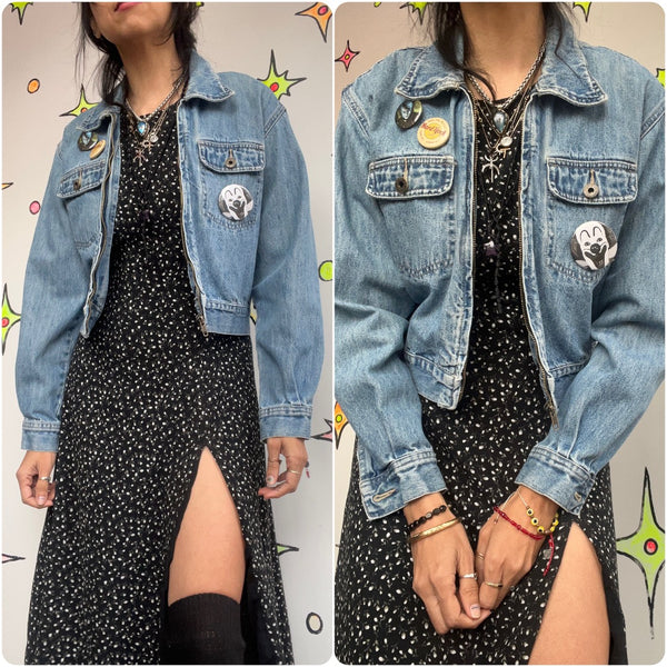 Vintage 90s Y2K | Xhilaration Zip Front Cropped Denim Moto Jean Jacket | Small