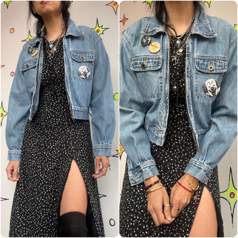 Vintage 90s Y2K | Xhilaration Zip Front Cropped Denim Moto Jean Jacket | Small