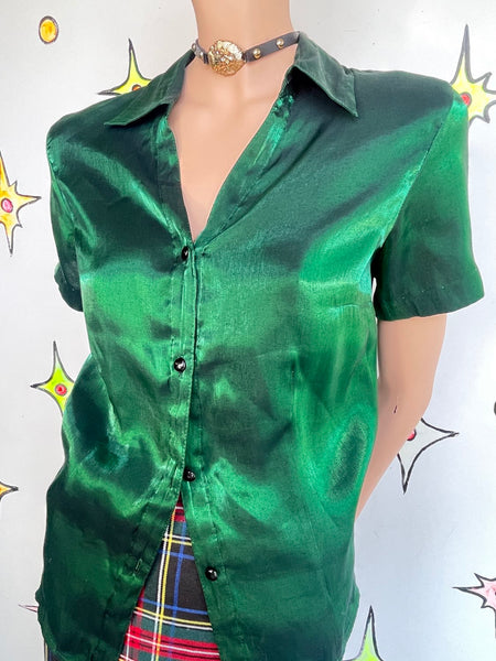 Emerald Metallic Button Up Shirt - 90s Vintage Fairy Grunge Cyber Party Top M/L