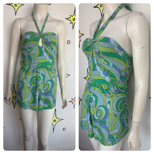 Retro Y2K Psychedelic 60s 70s Style MOD Groovy Blue Green Terry Cloth Romper XS