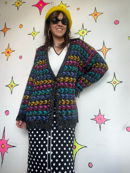 Vintage Rainbow Knit Sweater Chunky 80s Retro Cardigan Oversized L/XL