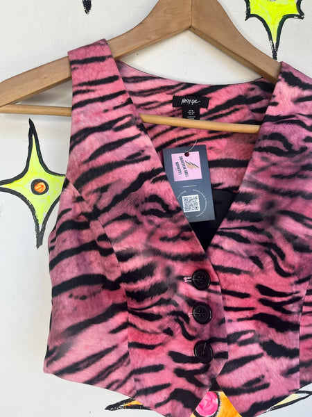 Pink Tiger Print Cropped Vest | Y2K Glam Grunge Rocker Vegan Suede Top – S