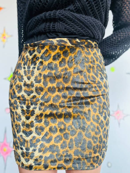 Vintage 80s Leopard Velvet Mini Skirt - Handmade Glam Punk Grunge Goth - 5/6