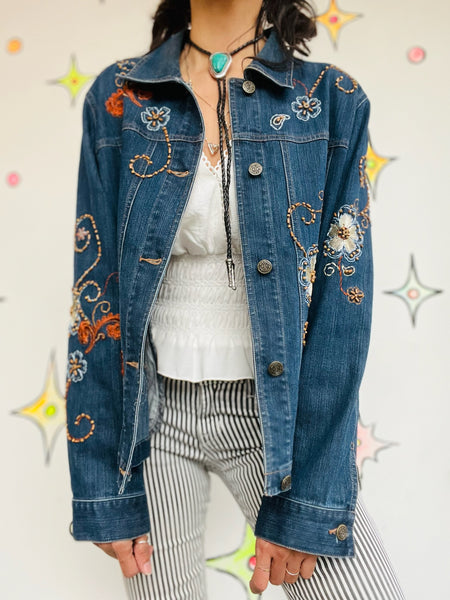 Vintage 90s Y2K Floral Embellished Denim Jacket Boho Fairy Grunge Jean Jacket L