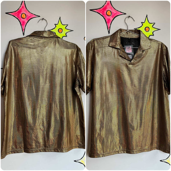 Vintage 90s Metallic Gold Irridescent Party Shirt - Rave Disco Clubwear - M