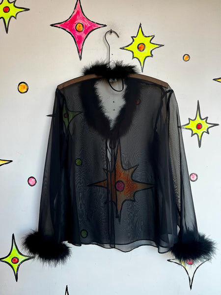 Vintage Black Sheer Feather Trim Goth Glam Vamp Lingerie Robe – Small