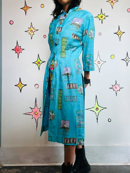 Vintage 1950s- 60s Blue Kimono Geisha Wiggle Tiki Dress - Mid Century - M/L