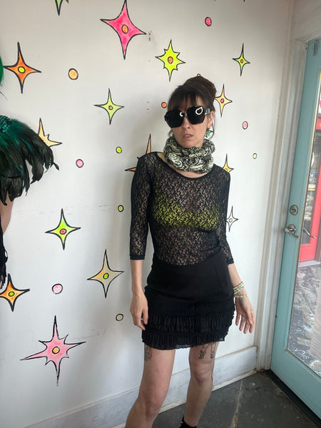 Christian Dior Black Ruffle Skort Lace Whimsy Goth Designer Mini Skirt L