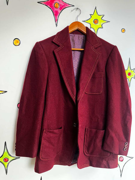 Vintage 70s | Men's Burgundy Wool Big Collar Blazer Jacket – Disco Mod Vibes - L