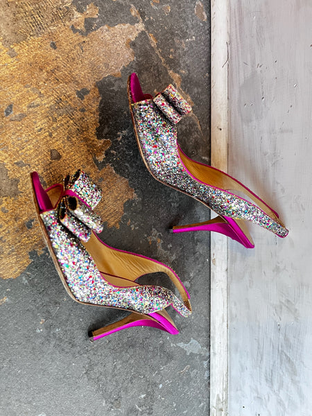 Kate Spade Glitter Peep Toe Heels – Coquette Y2K Sparkly Silver Glam Pumps – 9
