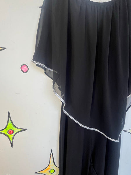 Vintage Y2K Black Off-Shoulder Rhinestone Jumpsuit | Disco Glam Party – XL