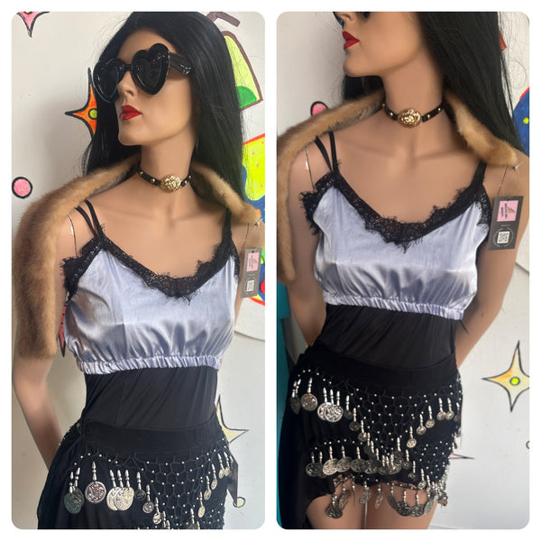 Lavender & Black Lace Cropped Cami | Fairy Grunge Whimsy Goth Y2K Top - XS