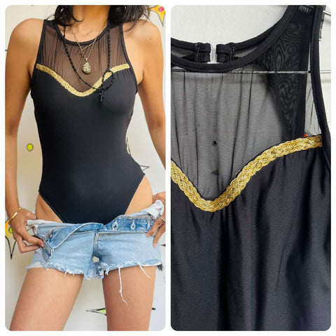 Vintage 80s/90s Black One-Piece Swimsuit w/ Mesh Chest & Gold Trim – Size 7/8
