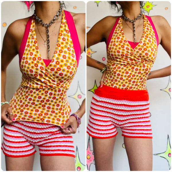 90s does 60s 70s Style Retro Flower Power Psychedelic Stretch Halter Crop Top XS