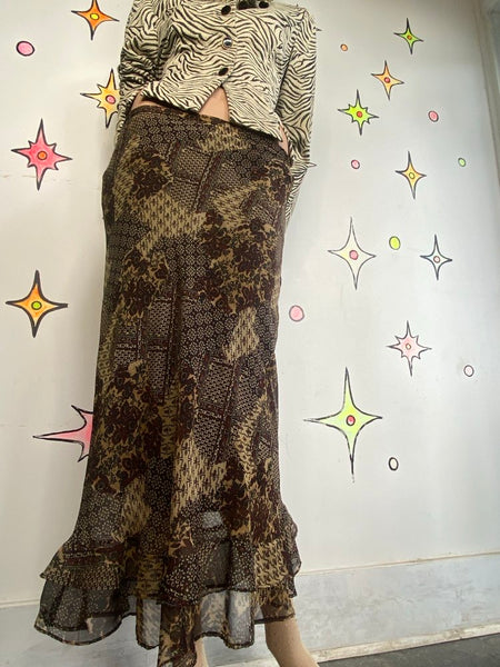 Vintage 90s Earth Tone Scarf Print Midi Skirt Floral Ruffle Fairy Grunge Boho - S