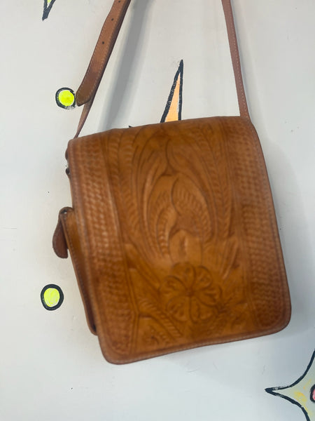 Vintage 70s Tooled Leather Boho Western Satchel | Floral Hippie Crossbody Bag